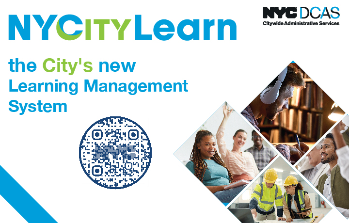 NYCityLearn with several pics of N Y C employees and a QR code