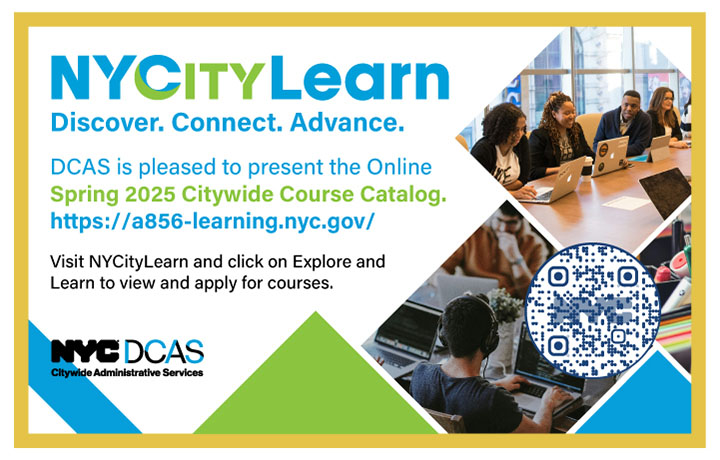 NYCityLearn with images of people in different training scenarios. N Y C D C A S logo.
                                           