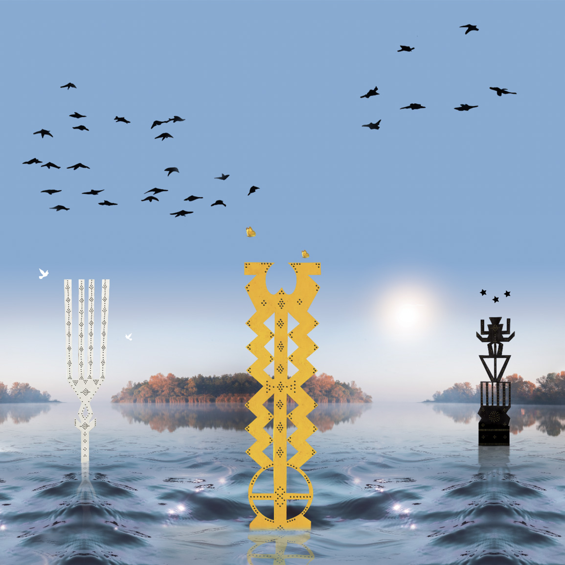 Digital illustration by Dennis RedMoon Darkeem featuring geometric white, yellow, and black totems rising out of a body of water surrounded by trees and birds flying above in a clear blue sky. 