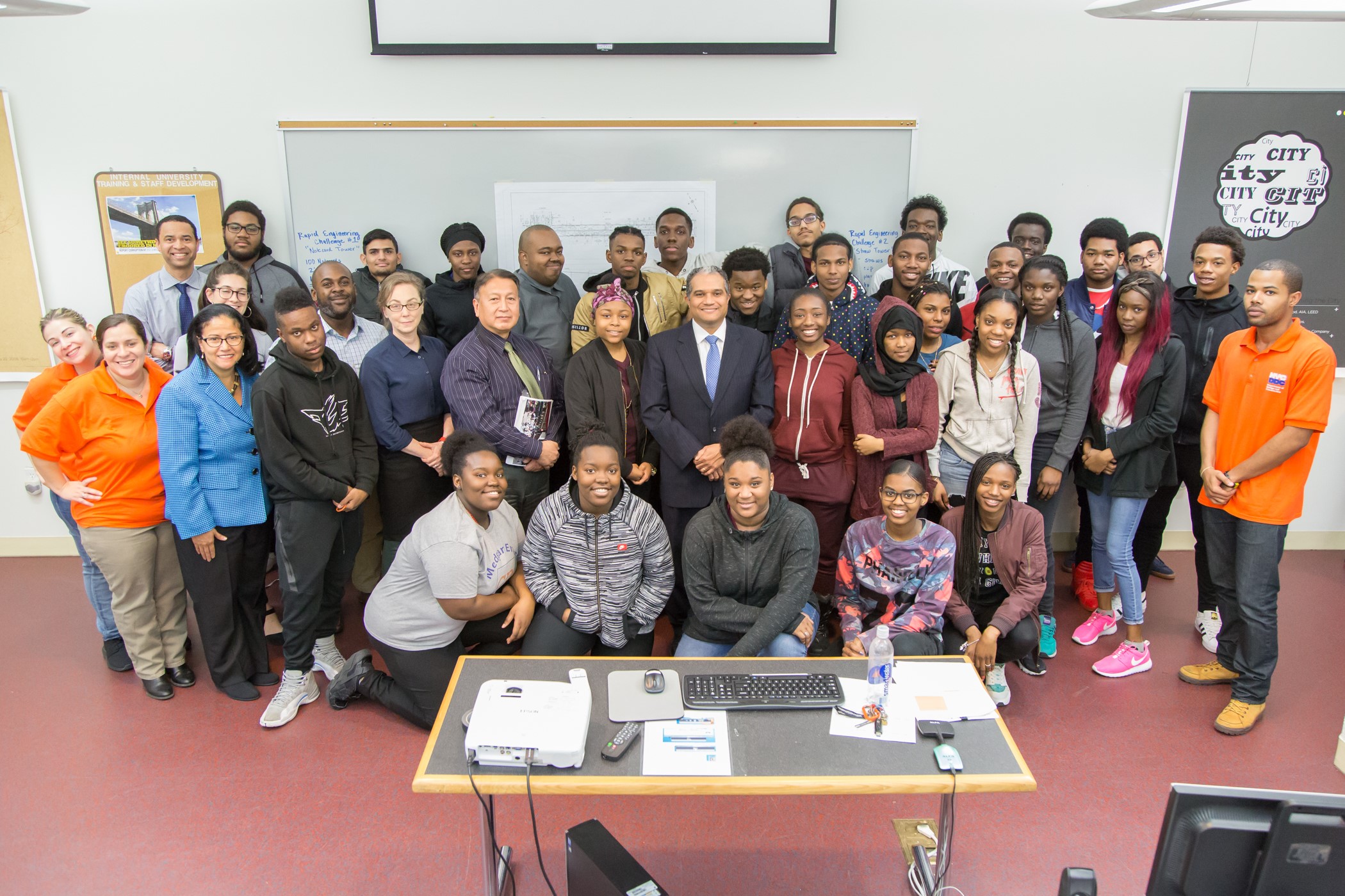 DDC Commissioner Feniosky Peña-Mora (center) with DDC STEAM staff and students from Brooklyn Generation School