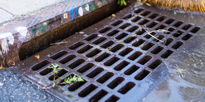 a catch basin on a rainy day