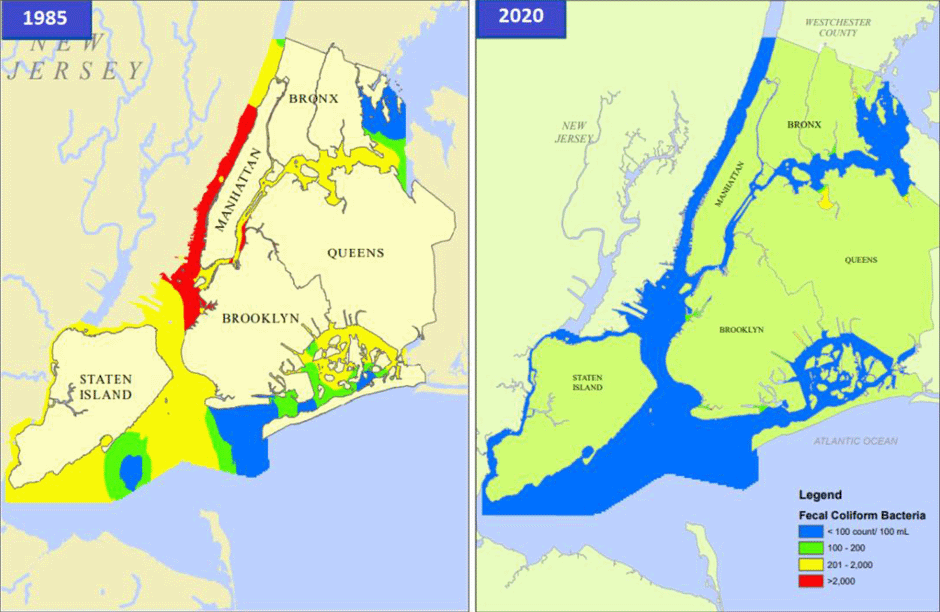 Two maps showing the dramatic improvement in waters surrounding New York City between 1985 and 2020.