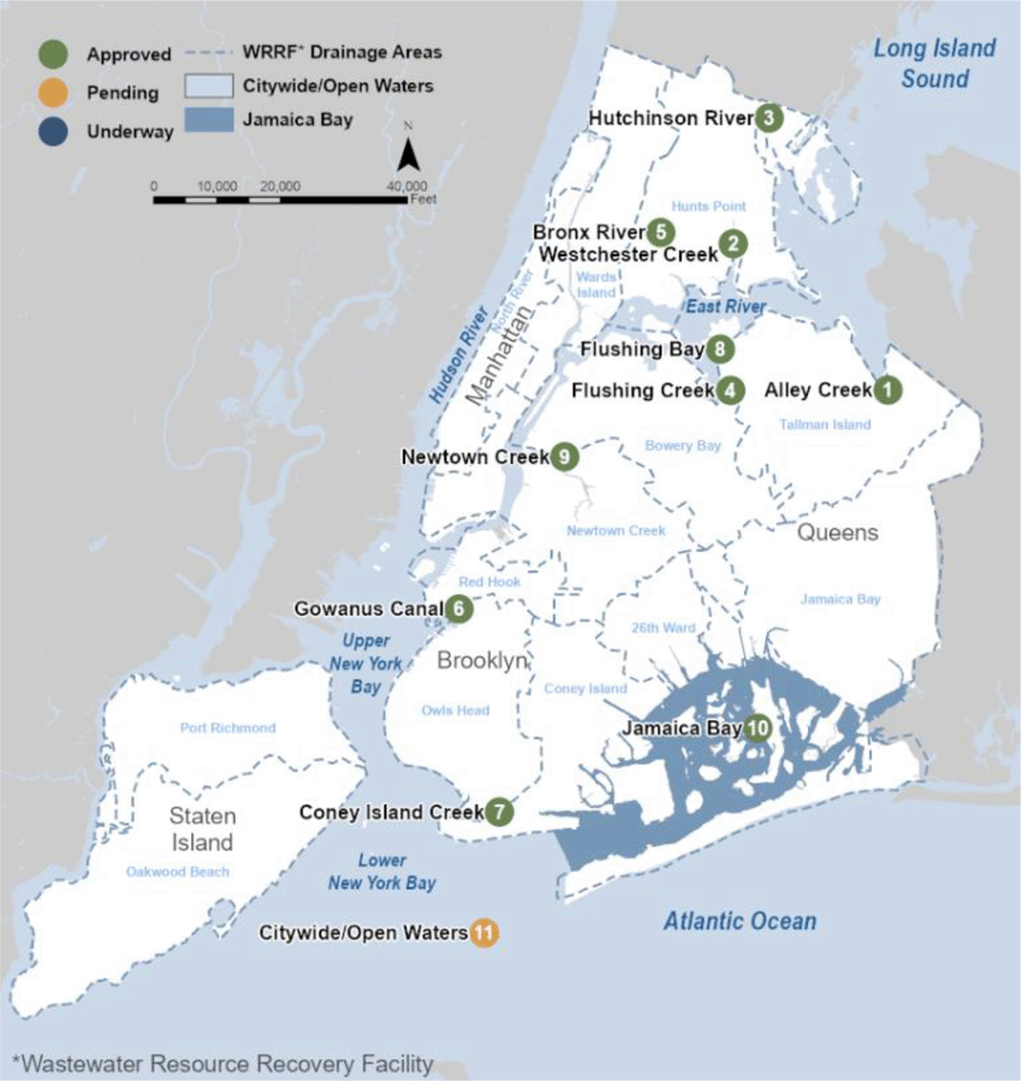 Map of NYC Wastewater Recovery Facilities and their drainage areas.