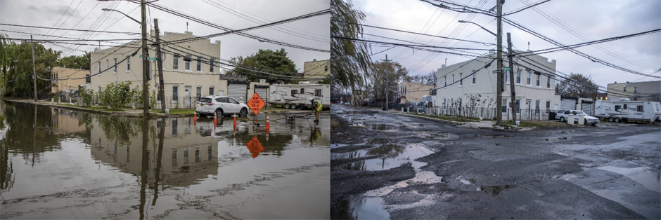 Flooding in early 2022, before the new sewer was installed and the same location following a rain event, after the sewer was installed.