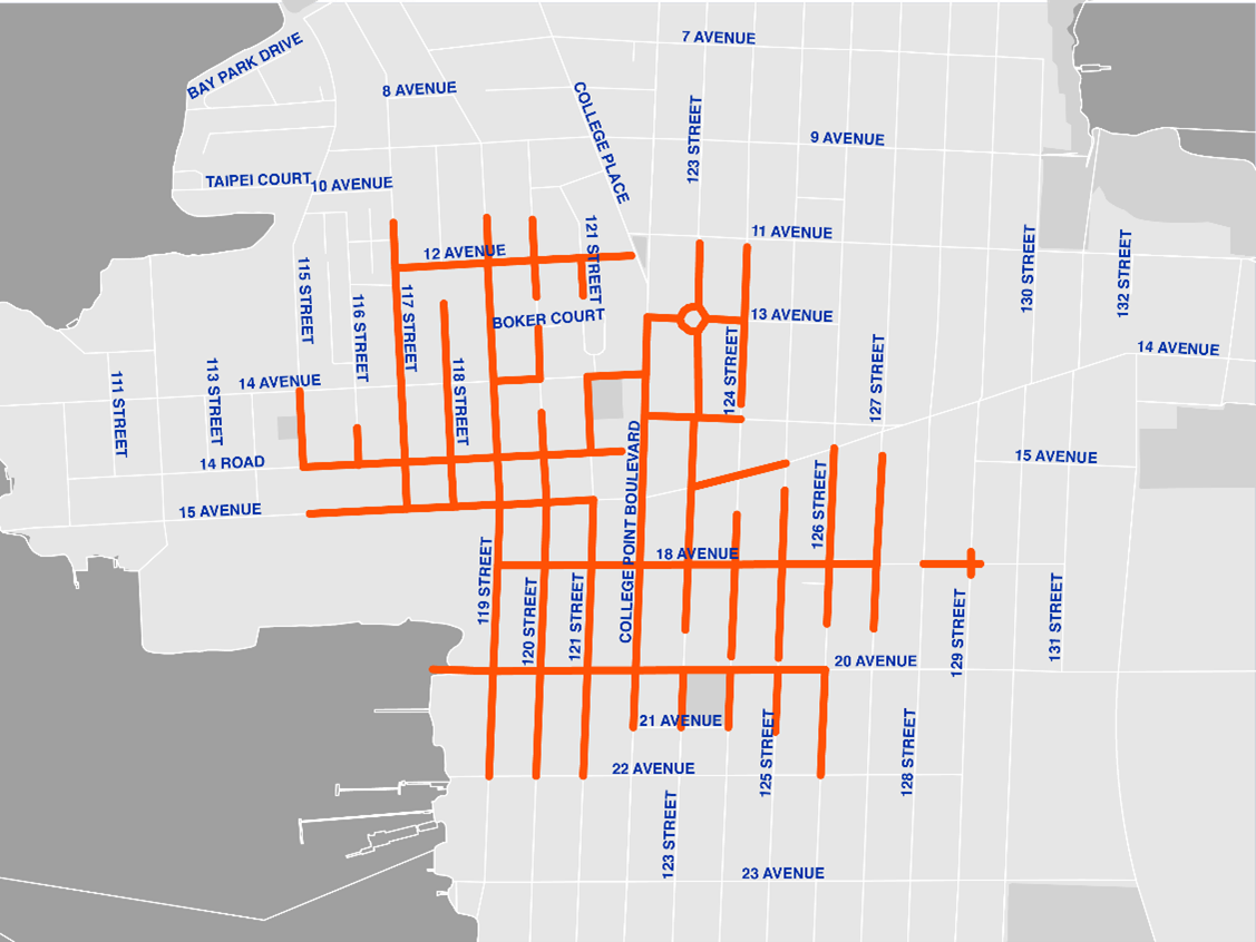 Map shows area of major infrastructure project in College Point that improves stormwater drainage, water mains and local street conditions