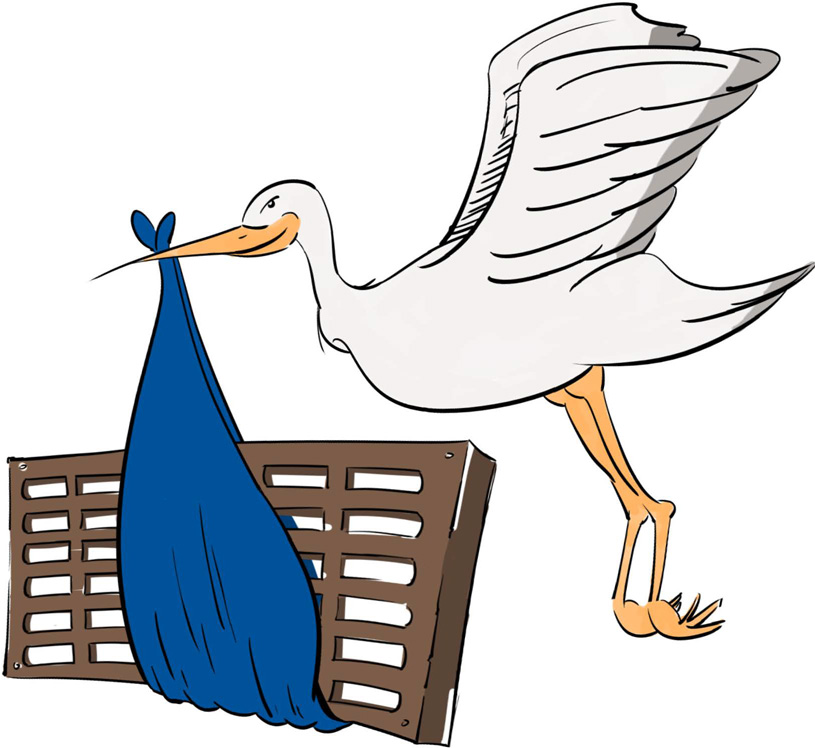 a stork flying with a catch basin grate inside of a blanket