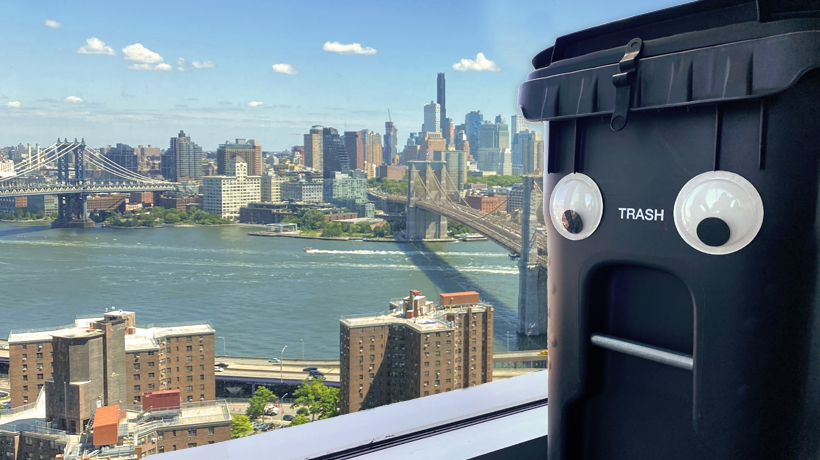 An Official NYC Bin sporting googly eyes looks out from a Brooklyn window to the Manhattan skyline.
                                           