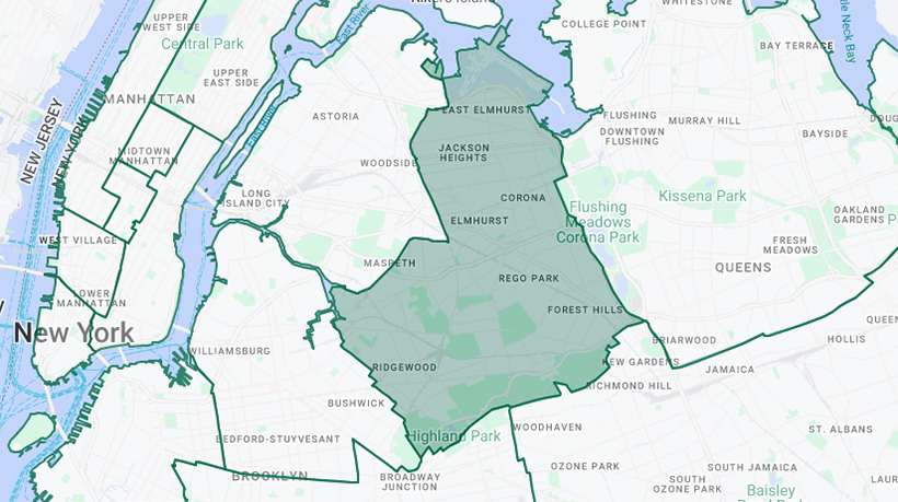 Map of NYC with the Commercial Waste Zone in Queens Central Highlighted (Jackson Heights, Corona, Elmhurst, and parts of Forest Hills and Ridgewood)
                                           