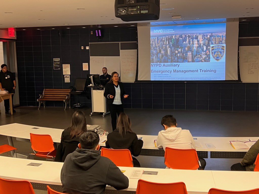 Galios giving a presentation about her role in the NYPD Auxiliary.