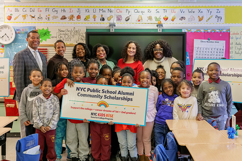 Celebrating the NYC Kids RISE Save for College Program inaugural NYC Public School Alumni Community Scholarships at P.S. 92 Mary McLeod Bethune in Harlem