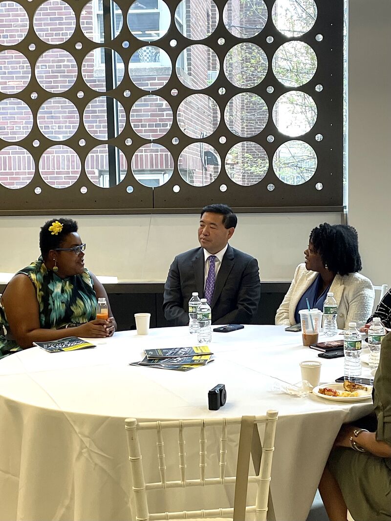 Lindsey Greene, President & CEO, Brooklyn Navy Yard, Commissioner Sideya Sherman, the Mayor's Office of Equity, and Commissioner Kevin Kim chat during the event.