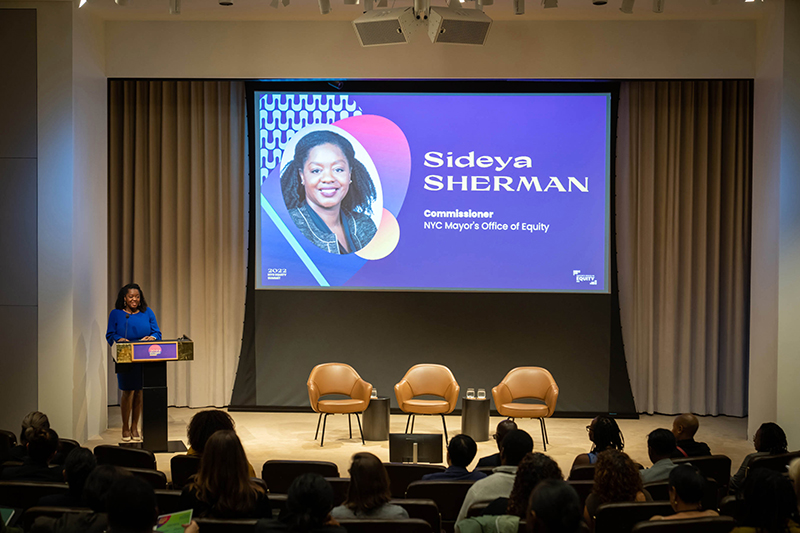 NYC Mayor's Office of Equity Commissioner Sideya Sherman giving opening remarks at the NYC 2022 Equity Summit.