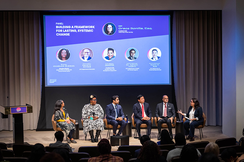 Grace Bonilla, Esq., President and CEO of The United Way of New York City moderating the Building a Framework for Lasting. Systemic Change panel at the NYC Equity Summit.