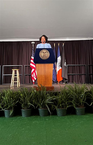 Commissioner Sideya Sherman of the NYC Mayor's Office of Equity giving remarks at the 'DYCD Community Moms and Dads Awards Gala 2023.