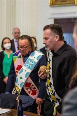 : (from left to right) Joe Baker, Executive Director and Co-Founder of The Lenape center, and Hadrien Coumans, Co-Director, Co-Founder, and Emissary of The Lenape Center, performing at the  'Lenapehoking: A Conversation' event.