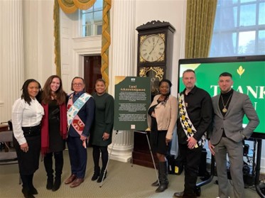 : (from left to right) New York City First Deputy Mayor Sheena Wright, Jocelyn Getgen Kestenbaum, Joe Baker, Executive Director and Co-Founder of The Lenape center, ) Commissioner Annabel Palma, the NYC Commission on Human Rights, Commissioner Sideya Sherman, the NYC Mayor's Office of Equity, Hadrien Coumans, Co-Director, Co-Founder, and Emissary of The Lenape Center, and Ryan Dubois, Associate Human Rights Specialist at the NYC Commission on Human Rights, pose for a photo at the 'Lenapehoking: A Conversation' event.