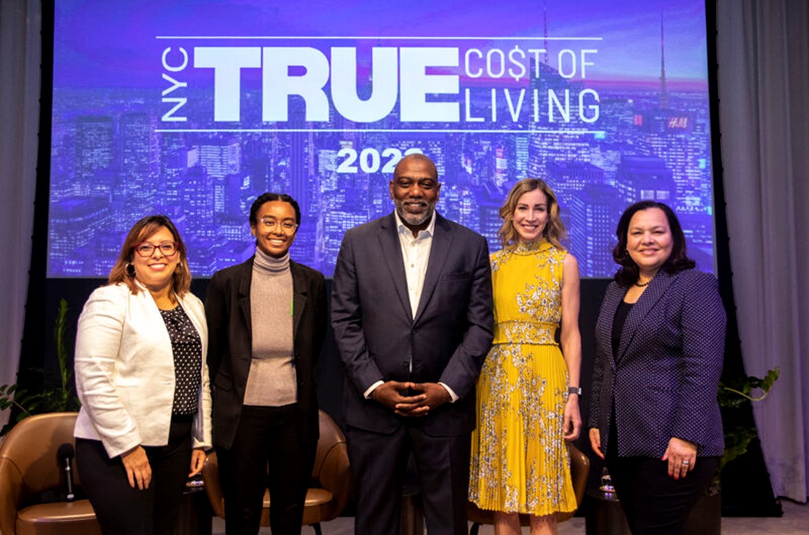 (Left to Right) Grace C. Bonilla, President & CEO of the United Way of New York City, Deputy Commissioner Dabash Negash, the NYC Mayor's Office of Equity, Dr. Basil Smikle Jr., Distinguished Lecturer and Director, Public Policy Program, Roosevelt House Public Policy Insititute at Hunter College, Alysia Steinmann, Metro New York City Office Managing Partner at Ernst & Young LLP, and Lisette Nives, President of the Fund for the City of New York stand for a photo. 