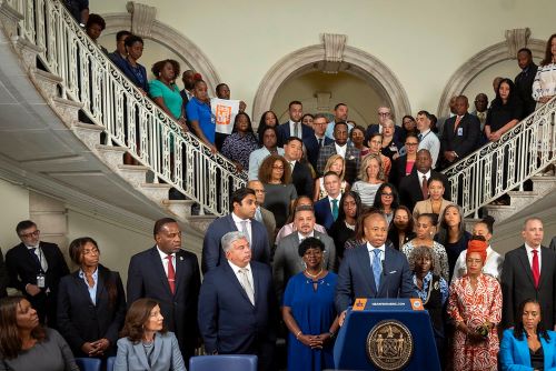 NYC Mayor Eric Adams delivers remarks in the City Hall rotunda.