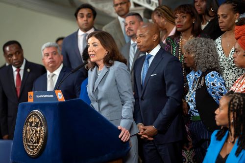 New York Governor Kathy Hochul delivers her remarks in the City Hall rotunda.