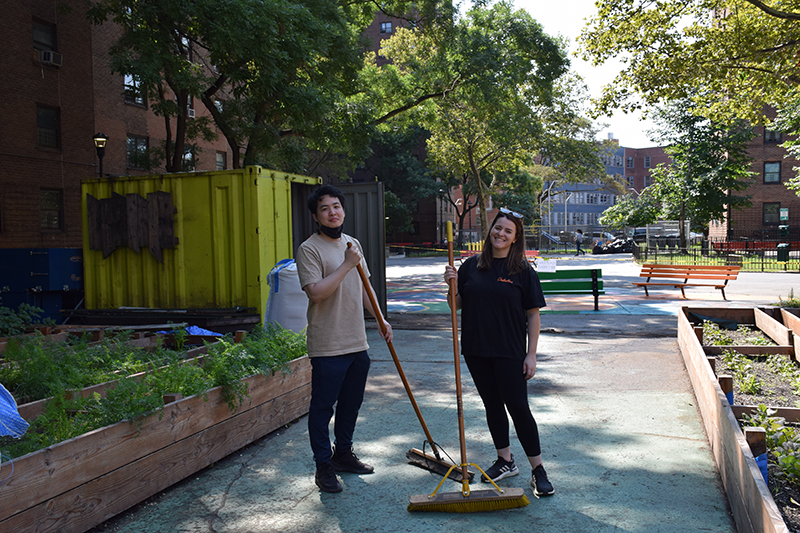 Jimmy Pan, Policy Director of the NYC Racial Justice Commission, and Dylaney Douwman, Chief of Staff at NYC Mayor's Office of Food Policy volunteering with Green City Force.