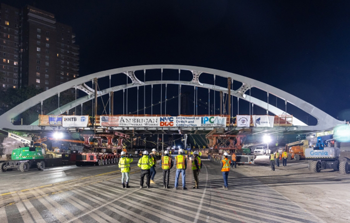 Corlears Hook Bridge placed on abutments after being rolled into position during overnight closure of the FDR Drive.
                                           