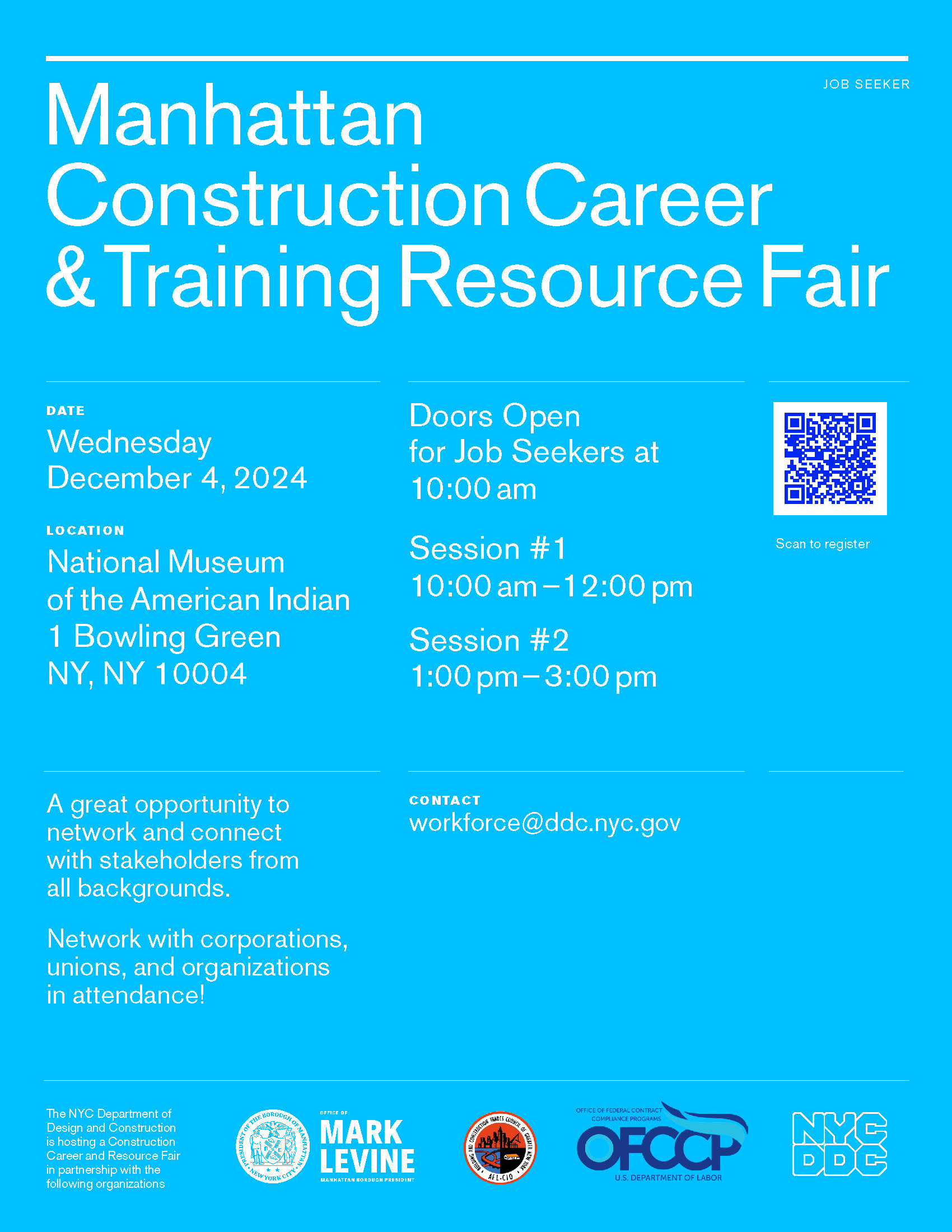 Flyer that reads Manhattan Construction Career and Training Resources Fair on Wednesday Decemeber 4, 2024