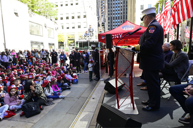 Hundreds of students from schools across New York City descended upon Rockefeller Center on Thursday, Oct. 10, 2024, to celebrate the 99th annual National Fire Prevention Week.
                                           