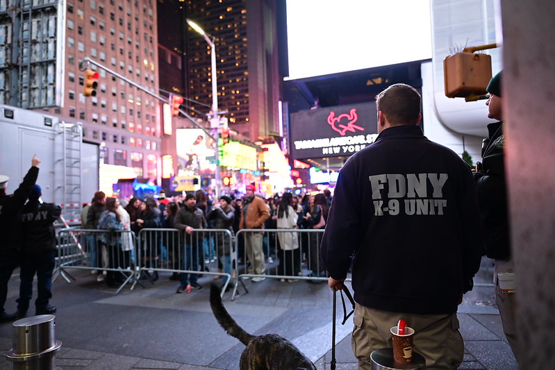 FDNY members help protect the ball drop celebration in Times