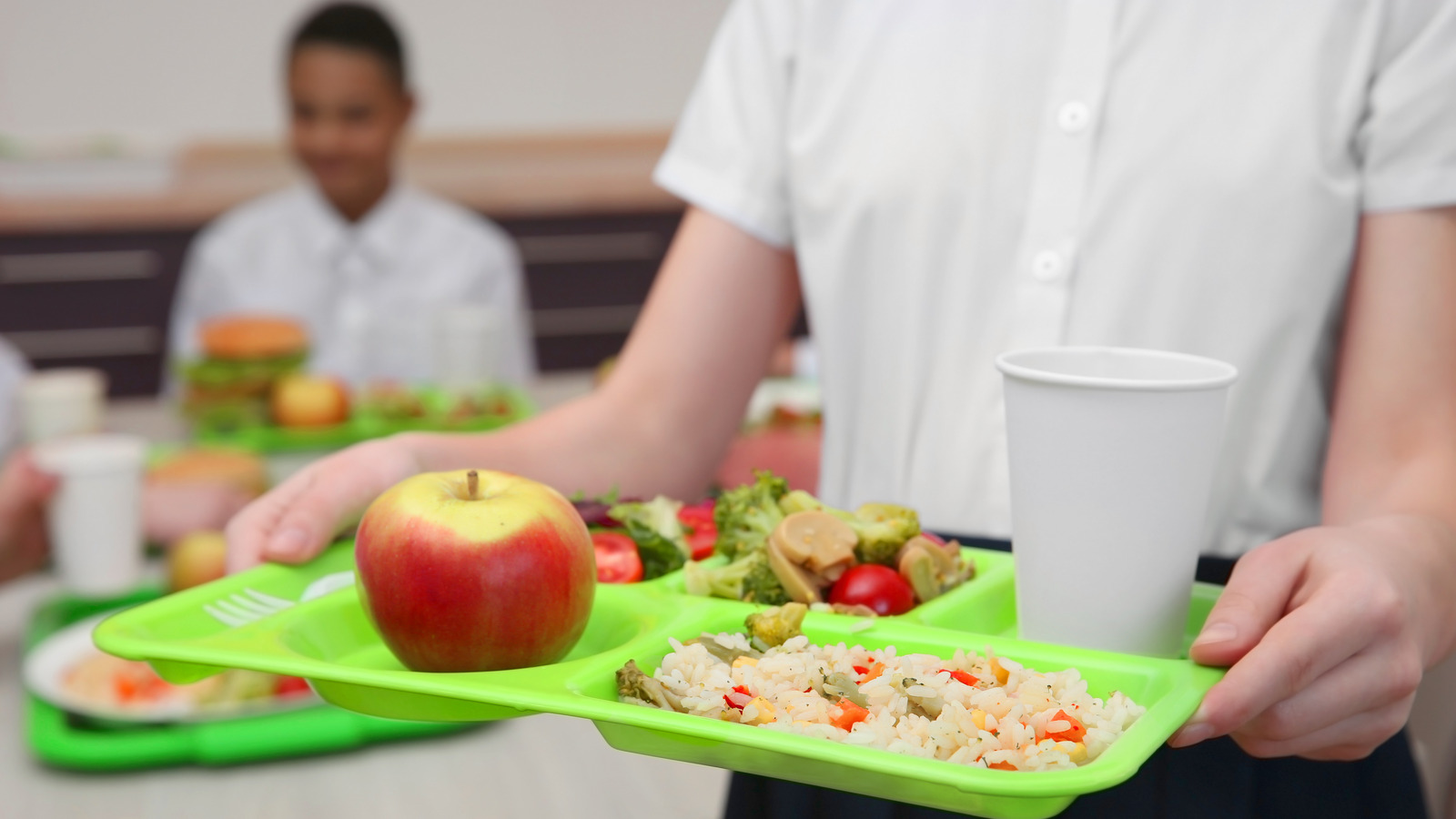 Photo of a student holding a plant-powered school lunch tray
                                           