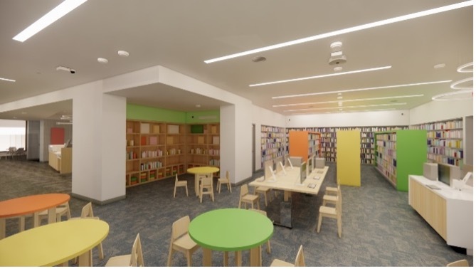 library interrior, rows of desk and chair