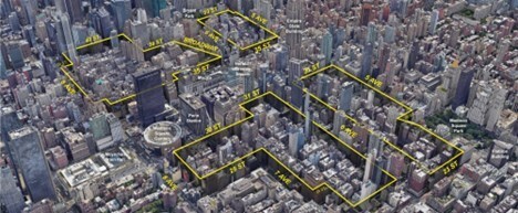 A map of the four quadrants of the MSMX plan overlaid on an overhead picture of Midtown. Credit: DCP 