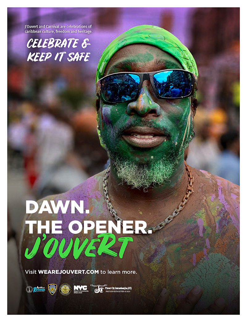 A man wearing sunglasses has his face covered in green paint Text reads: J'Overt and Carnival are celebratuinsif carribean culture, freedom and heritage. Celebrate and keep it safe. Visit wearehovert.com for more information