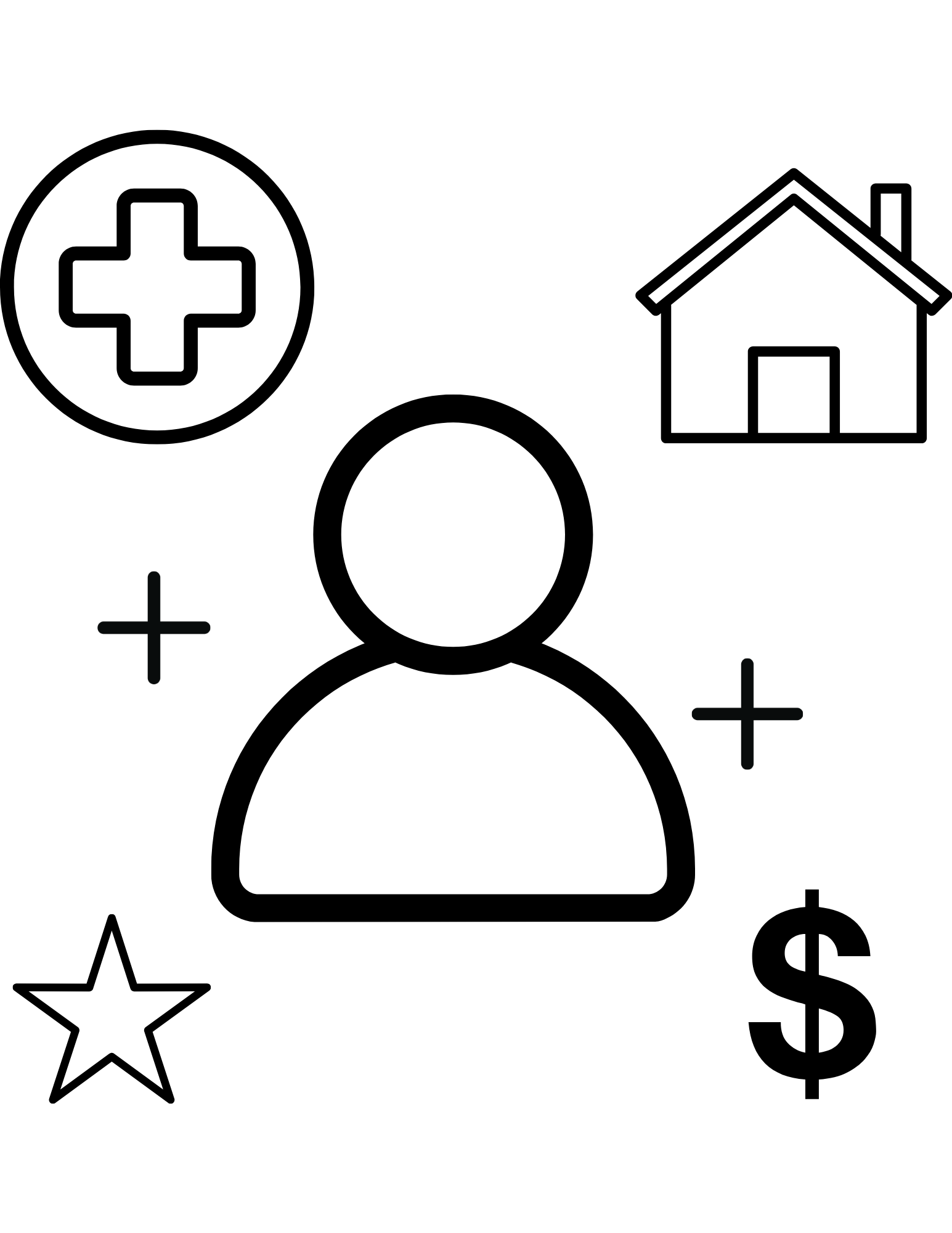 A person with a health, home, star, and money symbol next to them