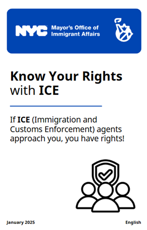 Screenshot of first page of MOIA’s Know Your Rights with ICE Booklet with a symbol of people and a checkmark above their heads.