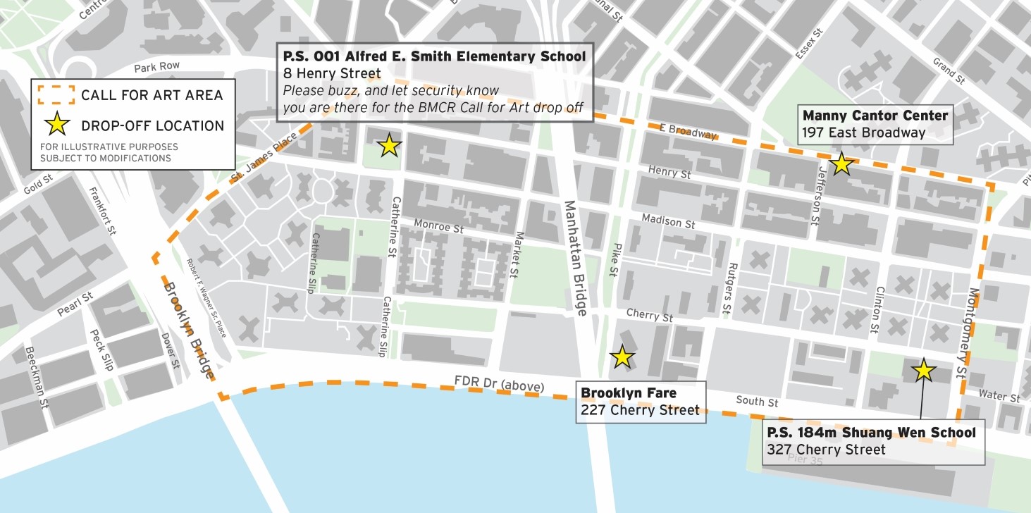 Drop-off locations include P.S. 001 Alfred E. Smith Elementary School at 8 Henry Street, P.S. 184m Shuang Wen School at 327 Cherry Street, Manny Cantor Center at 197 East Broadway, and Brooklyn Fare at 227 Cherry Street. 