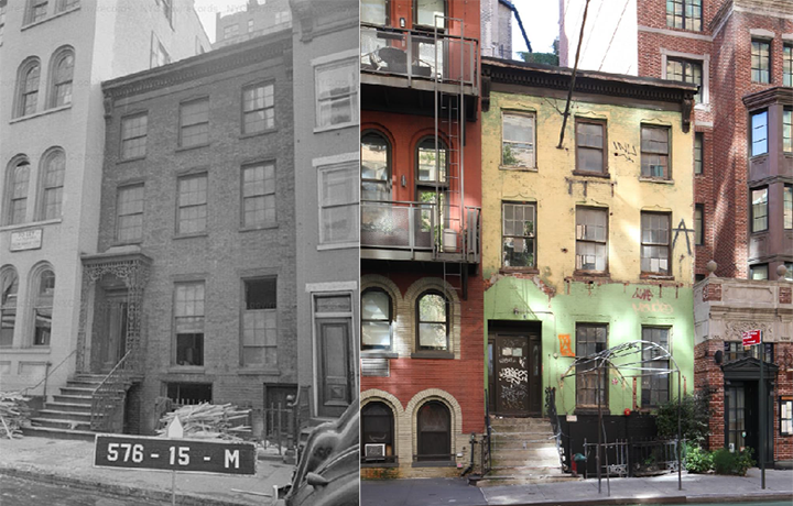 Two photos side-by-side. Left image: Circa 1940 black-and-white photo of a brick row house, with steps leading up to front door. Right image: Modern photo of the same brick row house, top two floors painted yellow and ground floor painted green, with steps leading up to front door.
                                           