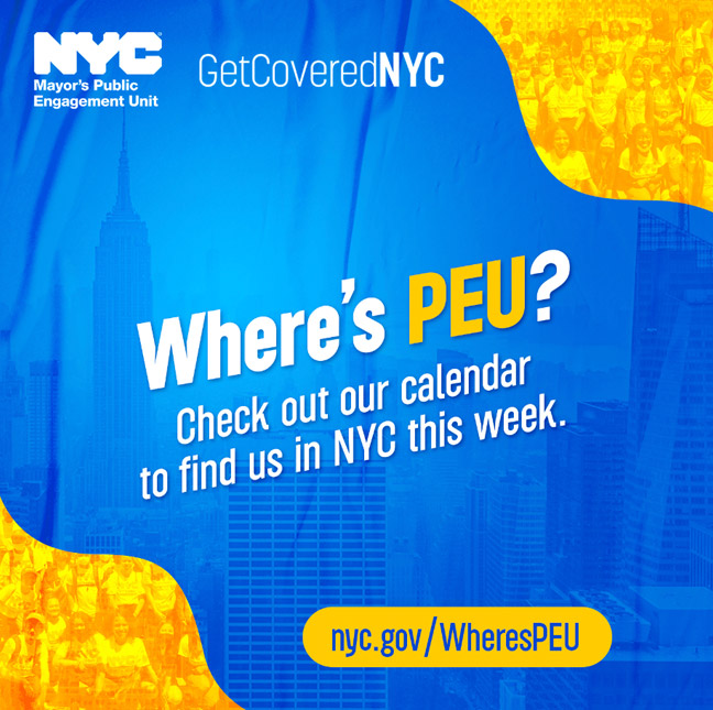 Graphic reads Where's PEU? Check out our calendar to find us in NYC this week.