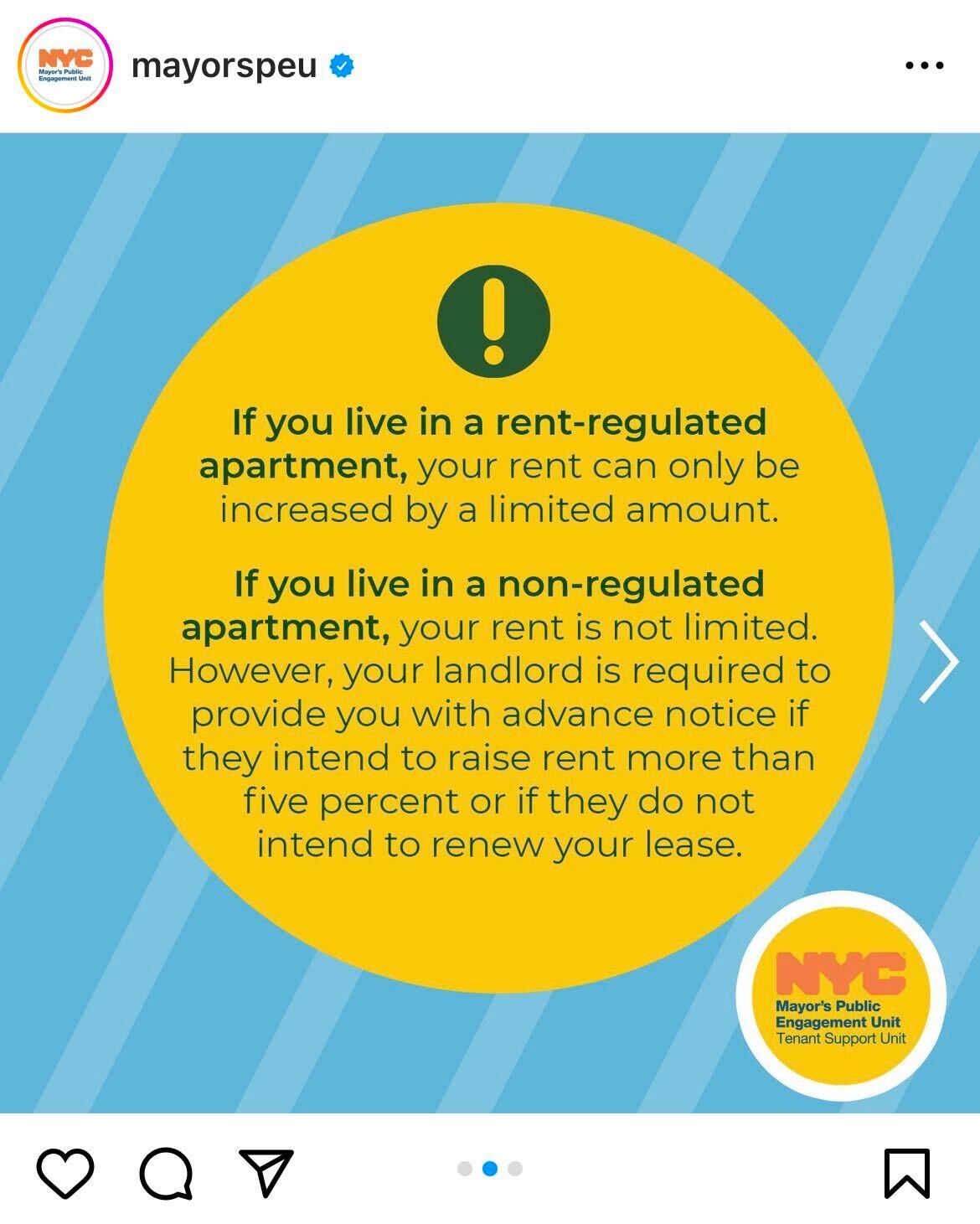 Graphic that reads if you live in a rent-regulated apartment, your rent can only be increased by a limited amount. If you live in a non-regulated apartment, your rent is not limited. However, your landlord is required to provide you with advance notice if they intend to raise the rent more than five percent or if they do not intend to renew your lease.