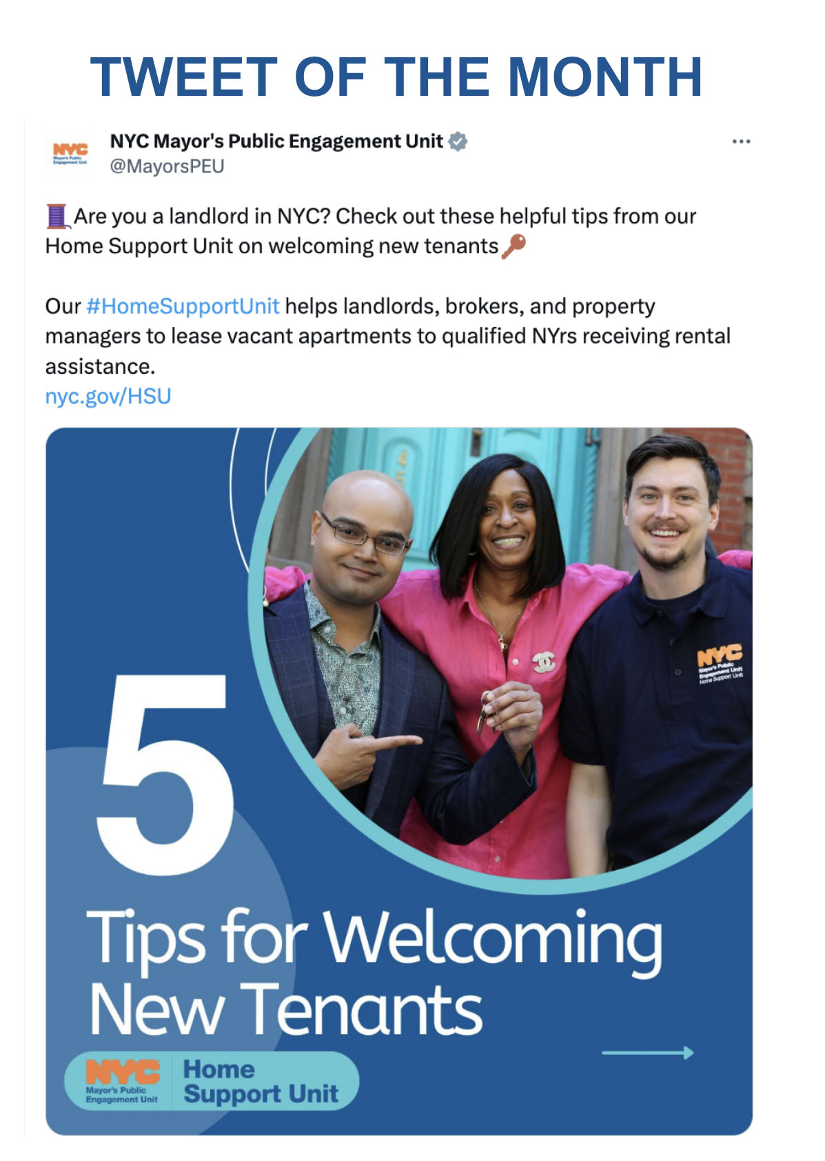 Are you a landlord in NYC? Check out these helpful tips from our Home Support Unit on Welcoming New Tenants. Our #HomeSupportUnit helps landlords, brokers, and property managers to lease vacant apartments to Qualified NYrs receiving rental assistance. nyc.gov/HSU. 5 Tips for Welcoming New Tenants.