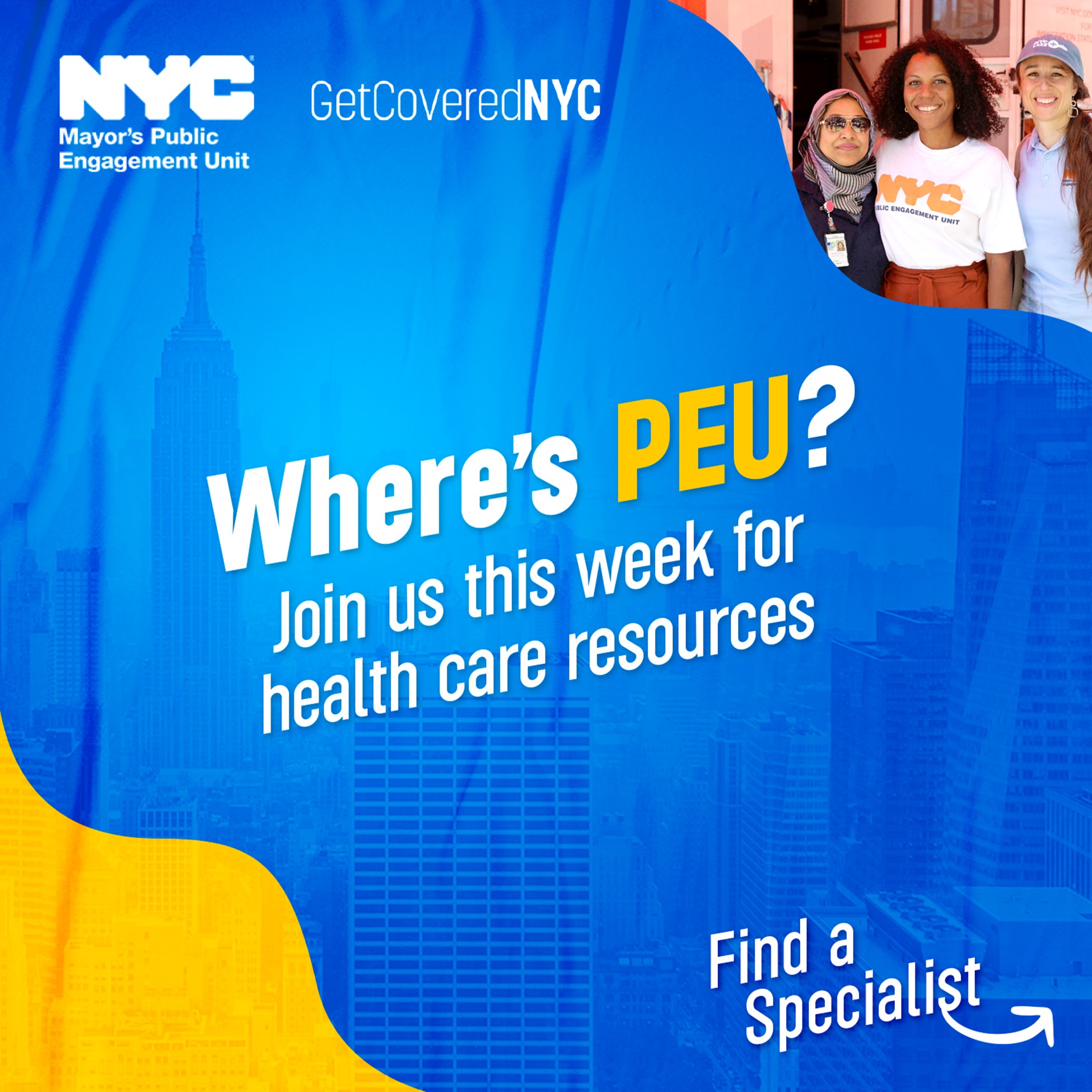 Graphic reads Where's PEU? Join us this week for health care resources. Find a Specialist.