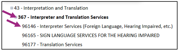 The example of two commodity codes for Interpreter and Translation Services.