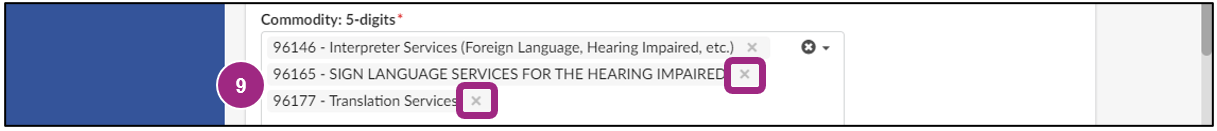 The commodity section displays commodity codes which can be removed, if needed.