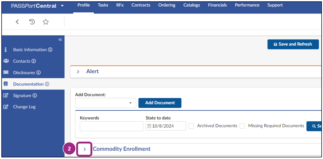 The Vendor Profile Documentation tab displays the Commodity Enrollment section.