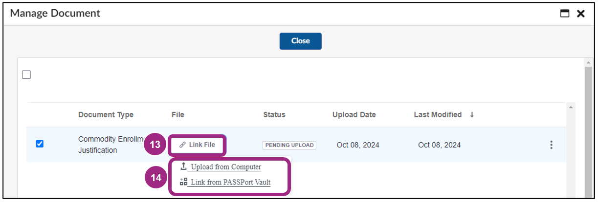 The two options to uploading a document - upload from computer or link from vault.