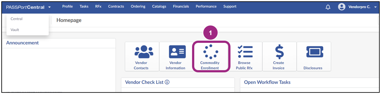 The PASSPort vendor homepage displaying the Commodity Enrollment shortcut button.