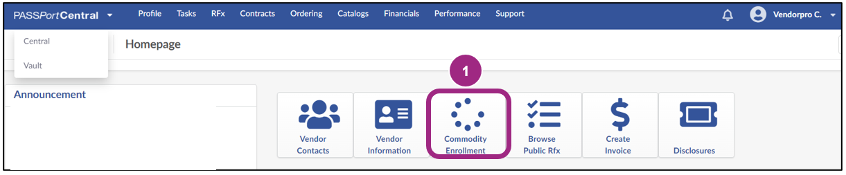 The PASSPort homepage displays the Commodity Enrollment shortcut.