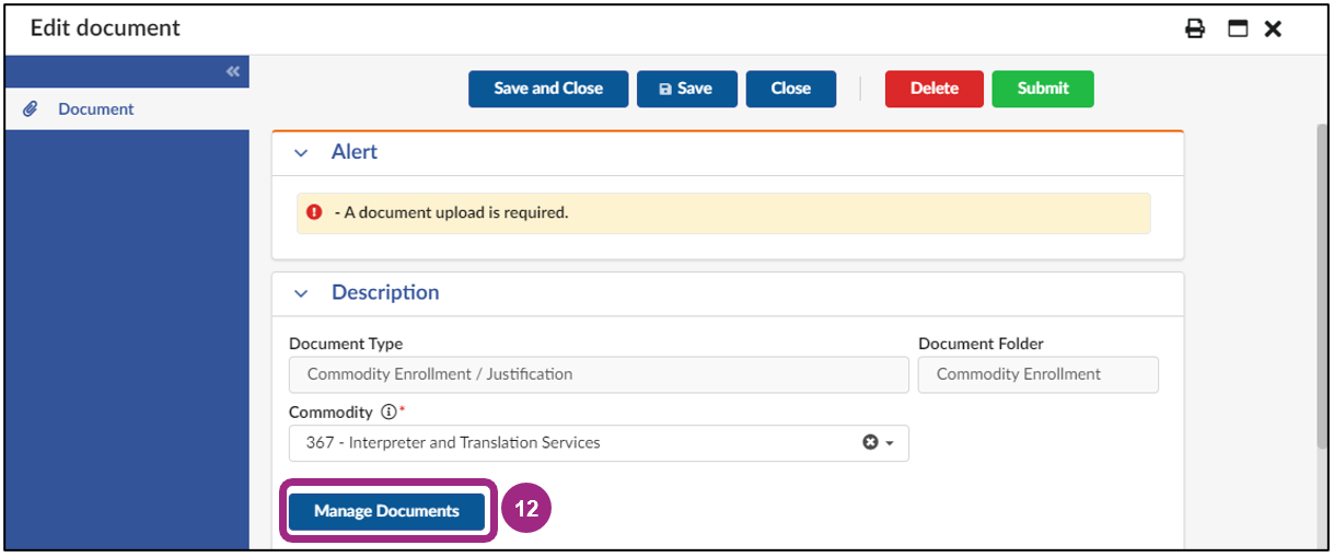 The Manage Documents button in the Document section.