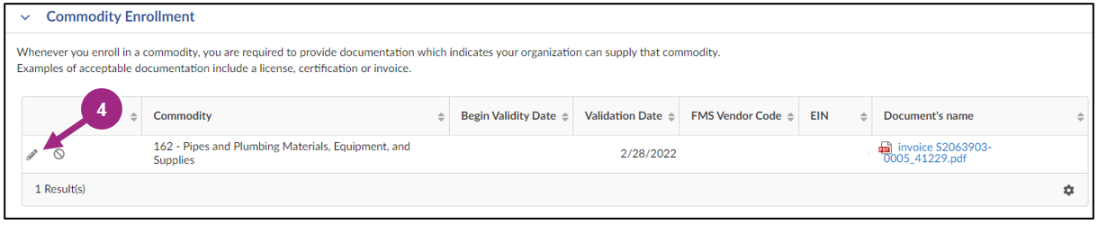 The Commodity Enrollment section displays the enrolled codes and how to remove them.