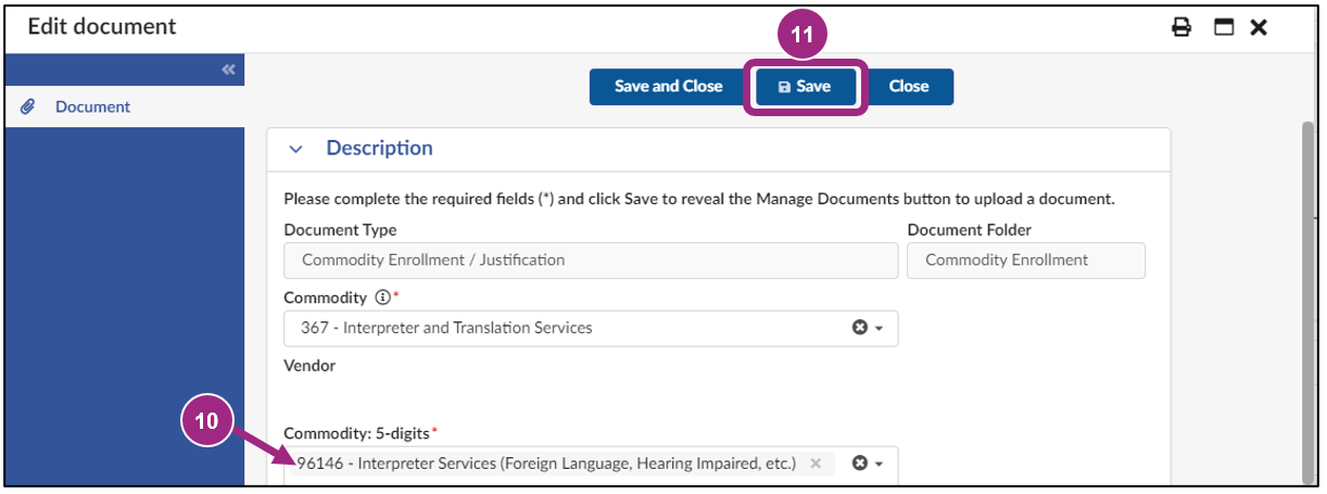 The document description section to verify accuracy of the selected commodity codes.