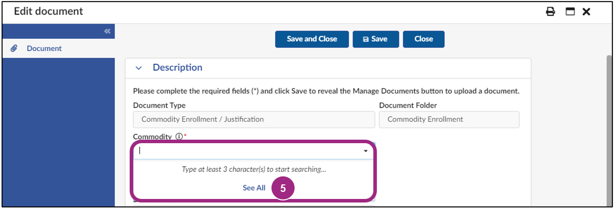 The document section displaying the commodity selection drop-down menu.